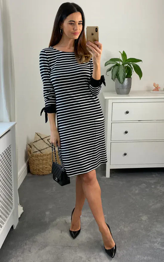 Brenda Tie Sleeve Striped Long Sleeve Dress Colour Black And White