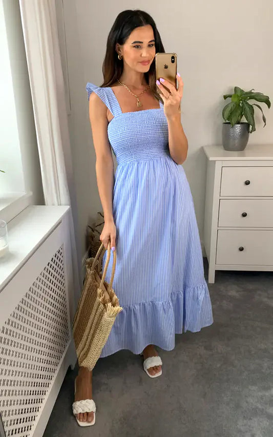 Shirred Blue Stripe Midi Dress