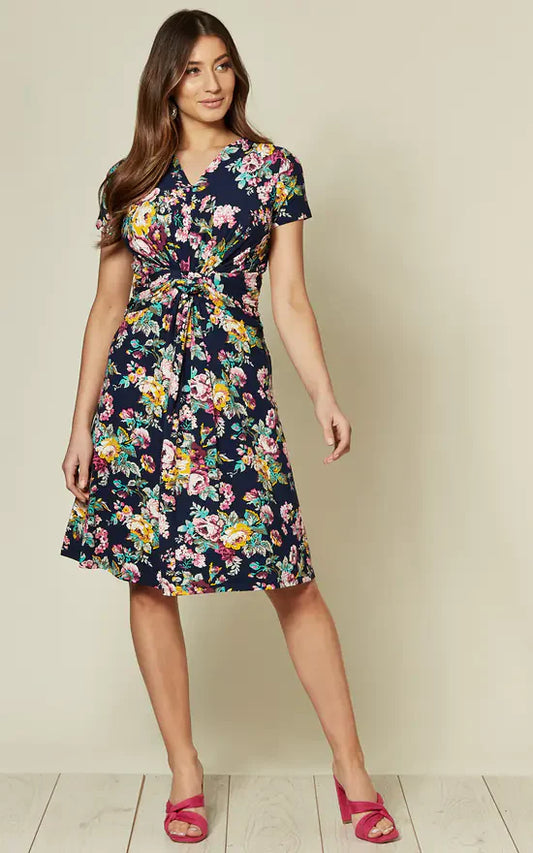 Short Sleeve Jersey Dress In Navy Floral Print